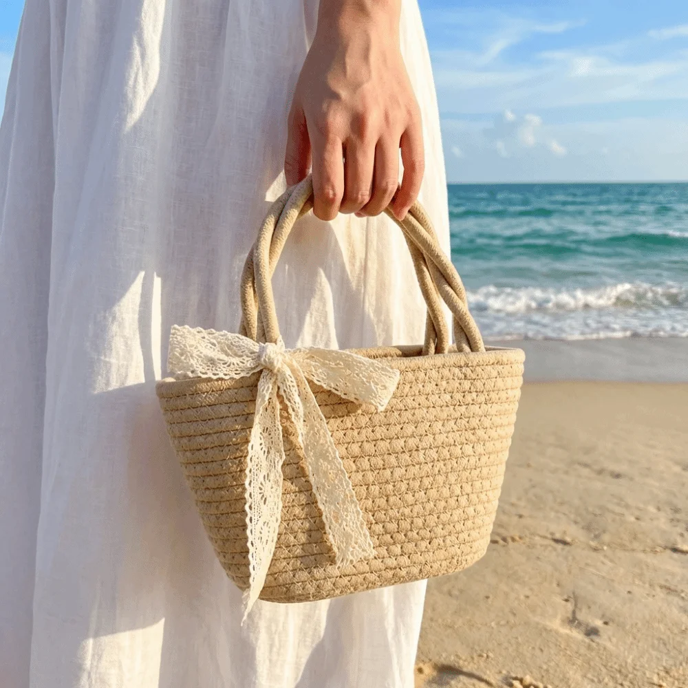 Cotton Thread Woven Cotton Rope Woven Bag Pure Color Boho Handbag Lightweight Bucket Shape Shopping Basket Beach Vacation