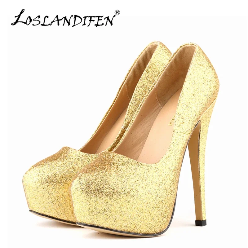 LOSLANDIFEN Sexy Women Pumps Ultra High Heels Glitter Gold Shoes 14cm Platform Round Toe Ladies Wedding Party  817-1Gitter