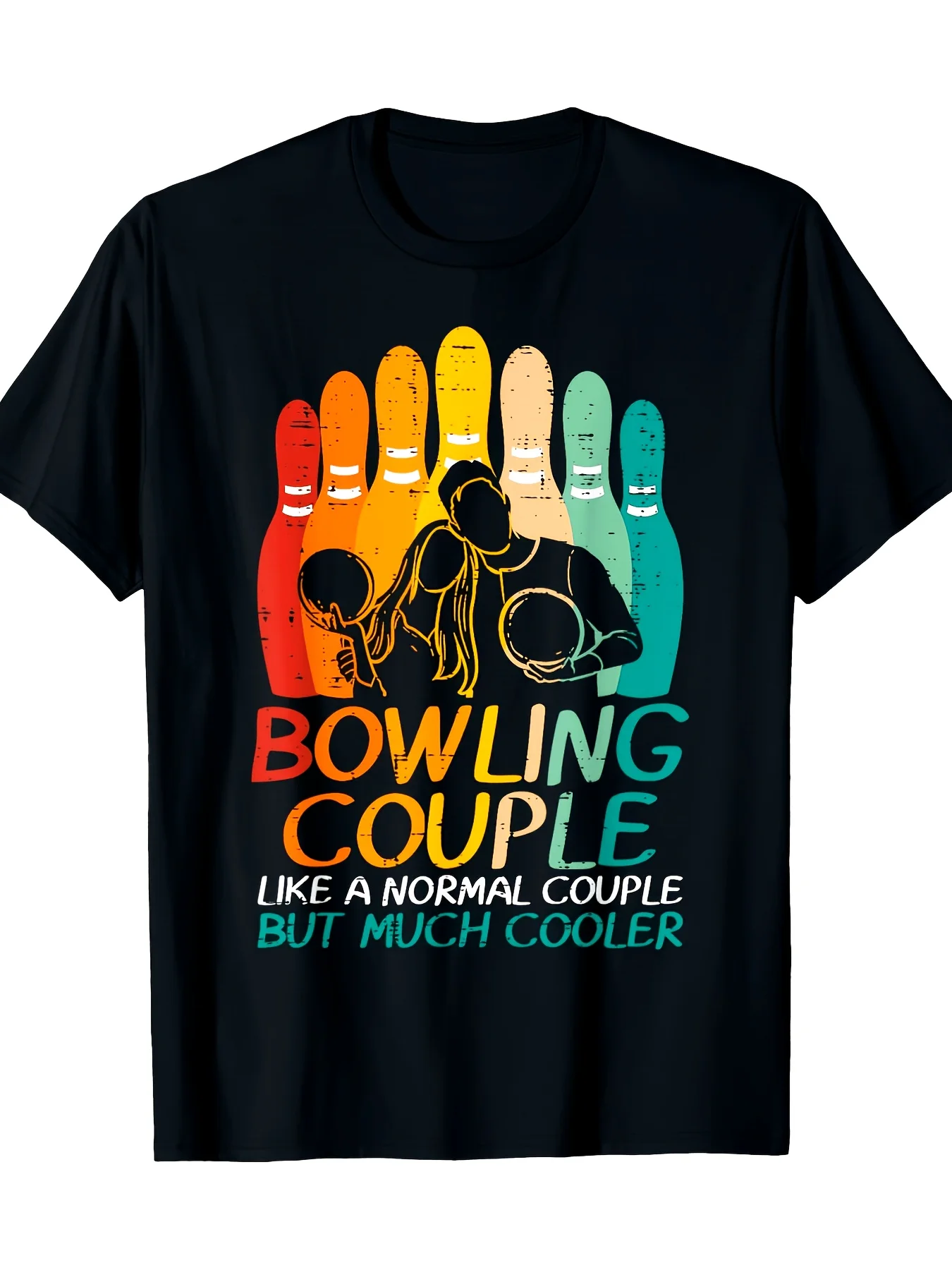 Men's & Women's Bowling Couple Graphic T-Shirt - 100% Cotton 220gsm Heavyweight Retro Bowling Design with Bowling Pins & Ball Print - Matching Couples Outfits,