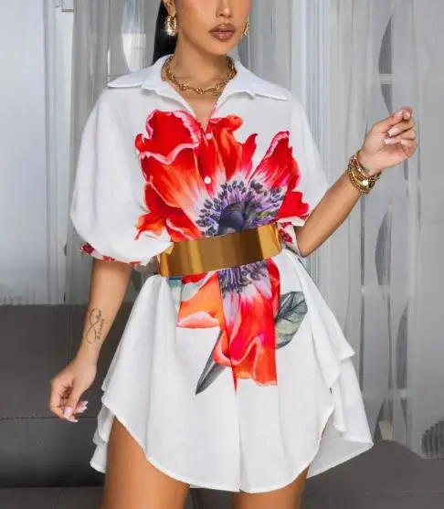 

Womens Dresses 2025 Spring Summer Elegant Floral Print Turn-Down Collar Short Sleeve Loose Fit Casual Daily Mini Shirt Dress