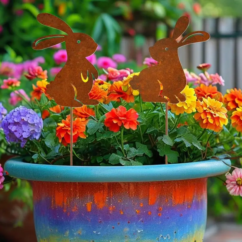 Señales de Pascua para patio, palitos de maceta de hierro con bonito conejito para Pascua, suministros de decoración para el hogar y exteriores, accesorios para fotos con enchufe de jardín