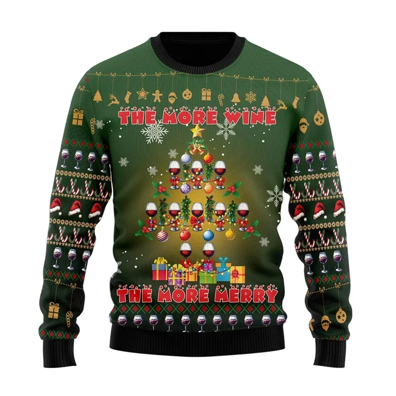 2025 Funny wine glass pattern sports shirt, autumn and winter bachelor party, ugly Christmas sweater, men's clothing, casual