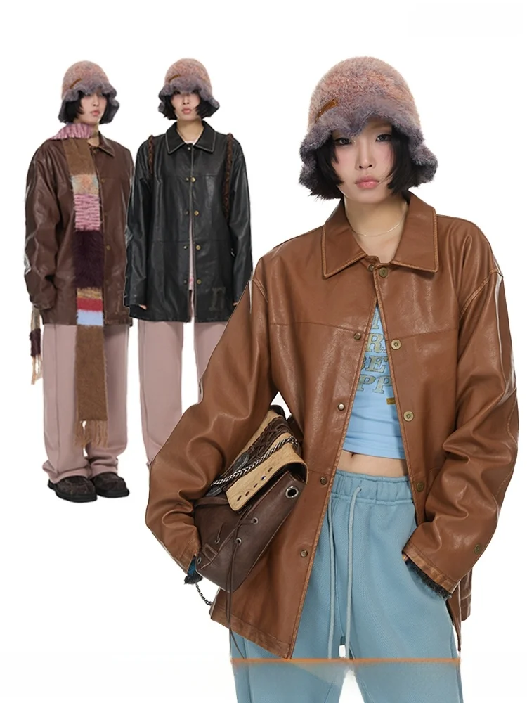 DNT Retro Amerykański Styl Neutralny Skórzany Płaszcz Vintage z Klapami Długi Średniej Długości Płaszcz ze Skóry PU dla Młodych Kobiet