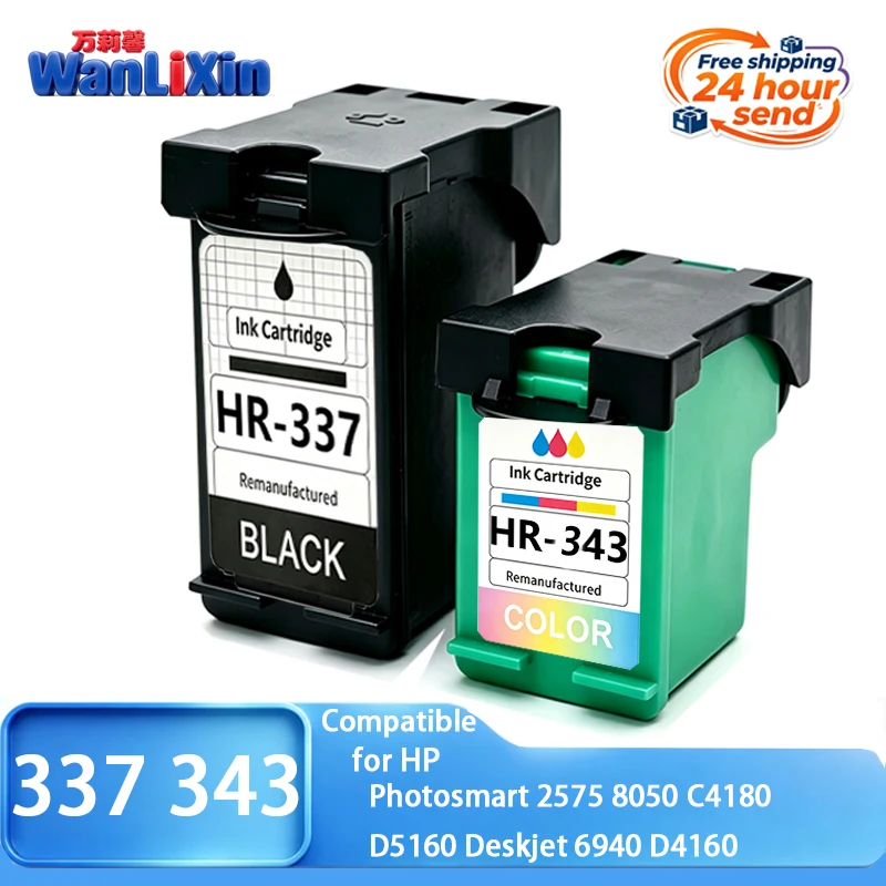 1 pcs or 1 set HR-343 HR-337 343 337 Ink Cartridge Compatible for HP Photosmart 2575 8050 C4180 D5160 Deskjet 6940 D4160 printer