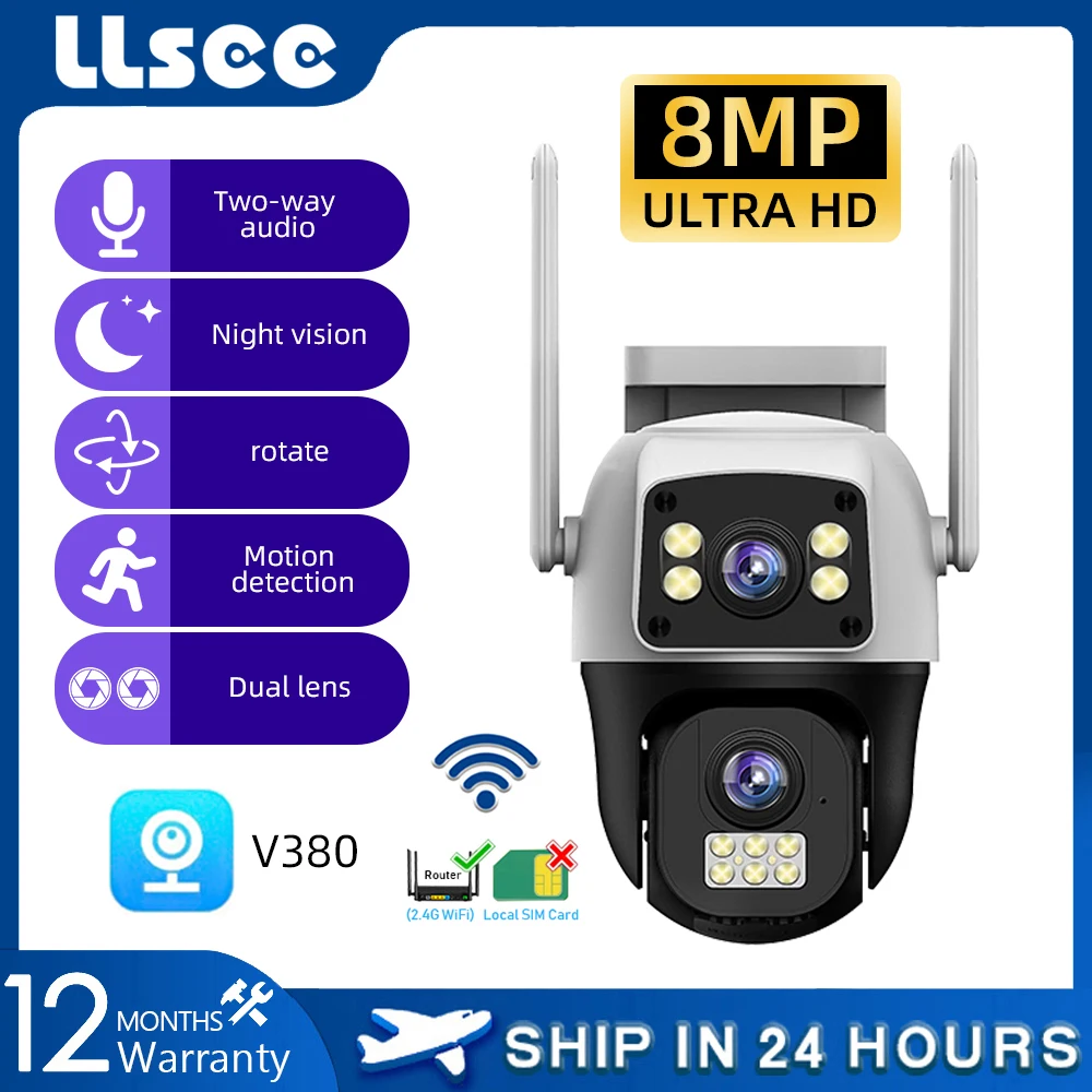 LLSEE ,Dual lens camera,V380 ProCCTV camera 355 degree,CCTV camera with intelligent color night vision,WiFi,full HD 8MP outdoor