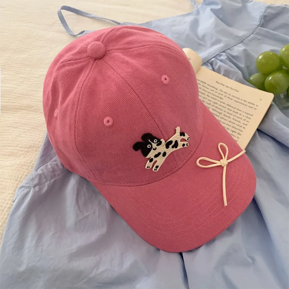 

Simple Spotted Puppy Embroidery Baseball Cap Bow Sunscreen Sun Hat Cotton Visors Peaked Cap Girls