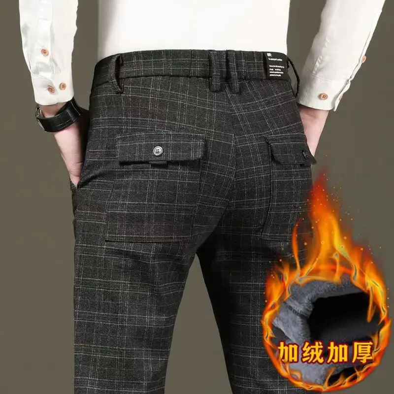 2022 Winter Men\'s Plaid Thicken Pants Male Four Seasons Business Trousers Men\'s Clothing Straight Casual Harem Pants Size 38