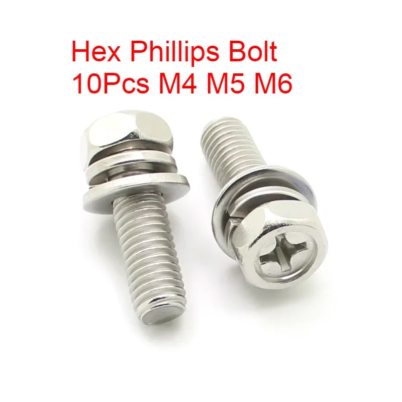 10set M4 M5 M6 Bolt Hex Cross Phillips Hexagon Screws Flat Spring Gasket Washers 304 Stainless Steel L=10-50mm 12/16/20/30/40mm