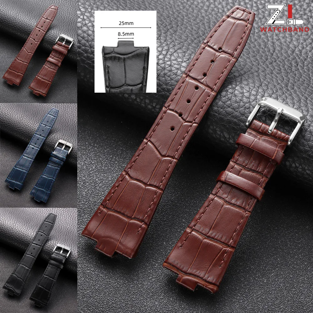 Bracelet en cuir 25mm x 8.5mm pour Vacheron Constantin Overseas 47450 49150 47040 4500V 5500V, bracelet de montre en cuir de vache à interface convexe