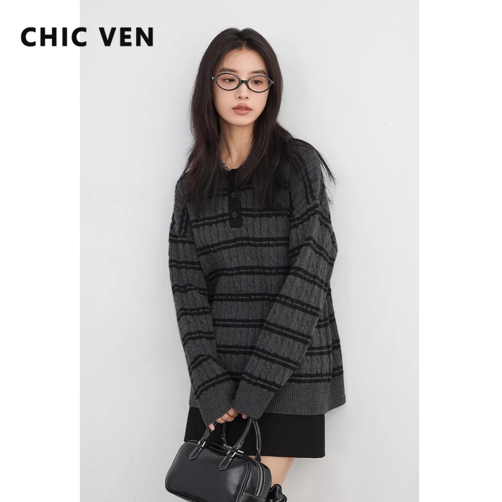 

CHIC VEN Women Pollovers Korean Casual Loose Contrast Stripe Knitted Sweaters Solid A-line Skirts Fashion Sets Autumn New 2025