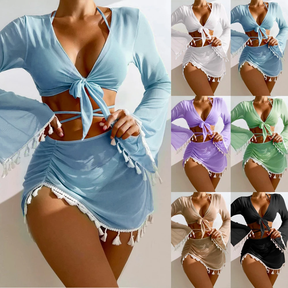 Women's Tassels Swimsuit Sexy 4 Pieces Suit Swimwear Halter Micro Bikini Set+Flare Sleeve Crop Top+Skirt Cover Up Bathing Suits