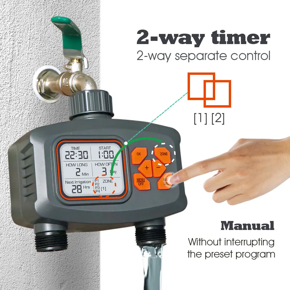 2-Way Smart LCD Timer Garden Watering Controls Dual-Channel Irrigation Controller IPX5 Waterproof with Rainfall Sensor Interface