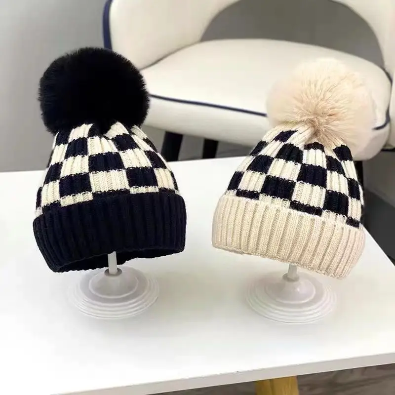 

Baby Warm Beanies Hat with Pompom Autumn Knitted Fashion Cute Checkerboard Bunny Hat Baby Girl Newborn Photography Outfit Kids