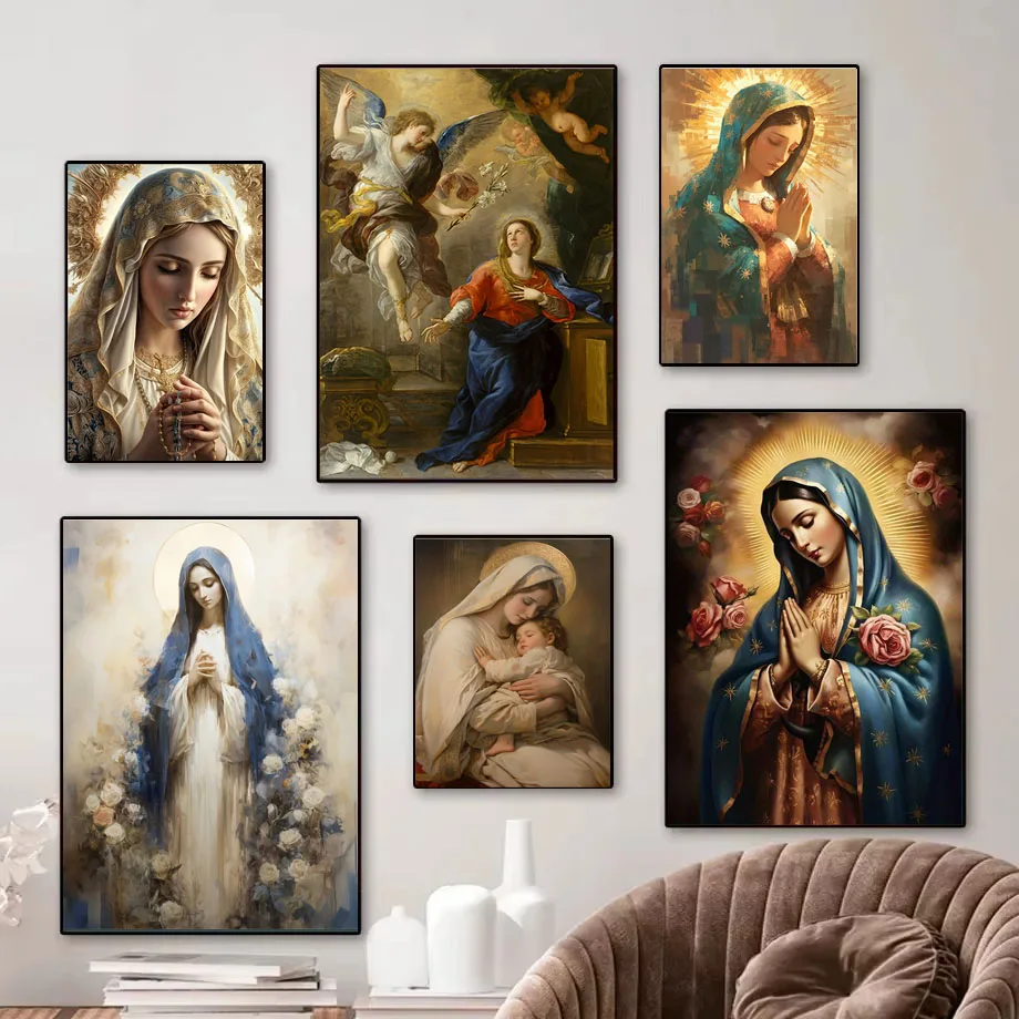 2026 1pc Vintage Virgin Mary and Jesus Canvas Christian Faith Poster Home Wall Art, Vintage Living Room Kitchen Bathroom Decor