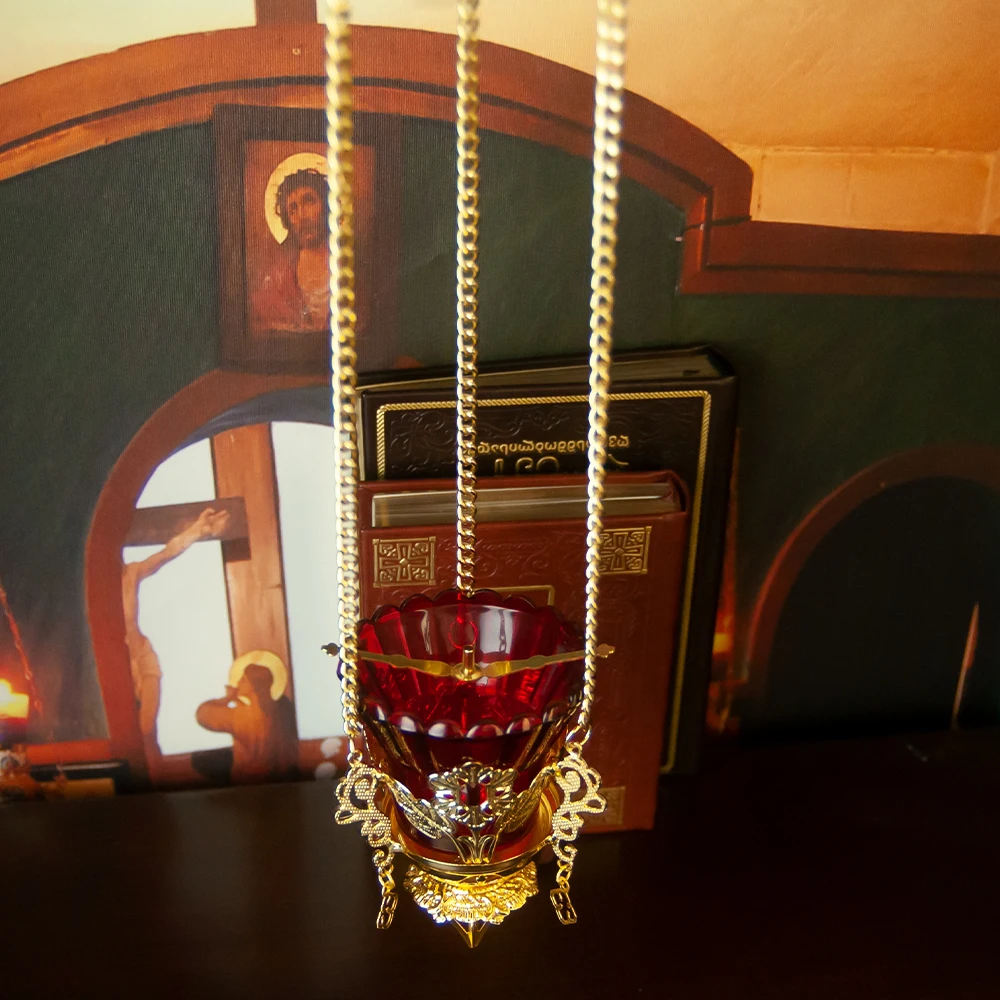 Orthodox Western Church vigil Lamp Small Hanging Lampada With Chain High Quality By Hand Made Golden Plating