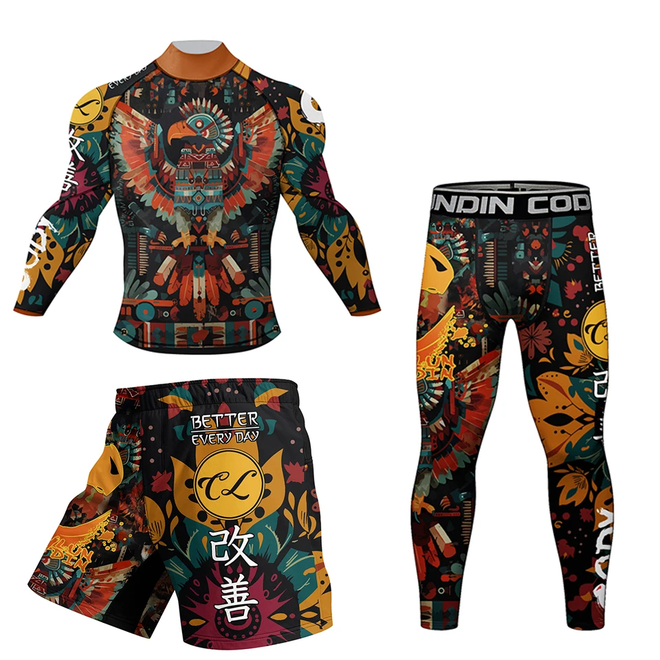 Nowy Bjj Jiu Jitsu Rashguard MMA T-shirt + garnitur ze spodniami dla mężczyzn gumowa talia Kickboxing Grappling koszulki bokserskie wysypka Guard kombinezony sportowe