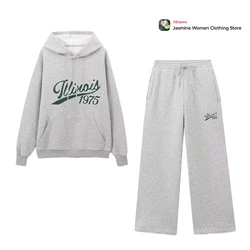 Women's Contrasting Text Printted Training Set 2024 New Trousers Suits Varsity Gray Hoodie Sweatshirt Sets Mid Waist Plush Pants