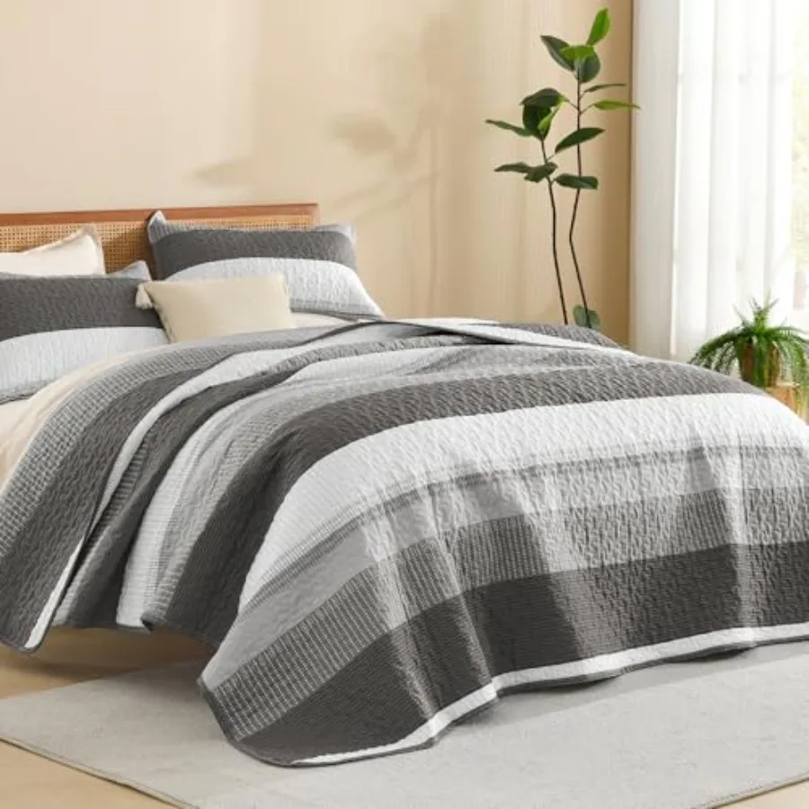 

Quilt King Size Dark Grey Stripe Patchwork Summer Bedspread Coverlet 3 Pieces Soft Lightweight Microfiber Quilted Bedding Set f