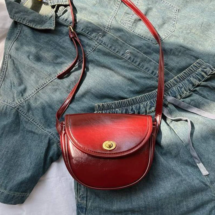 جديد ريترو أحمر داكن الوجه الأعلى حقيبة كروسبودي شبه دائرية رفرف حقيبة بولي Leather جلد صغير السرج حقيبة الهاتف محفظة نسائية للعملات المعدنية أحمر الشفاه حقيبة المرأة