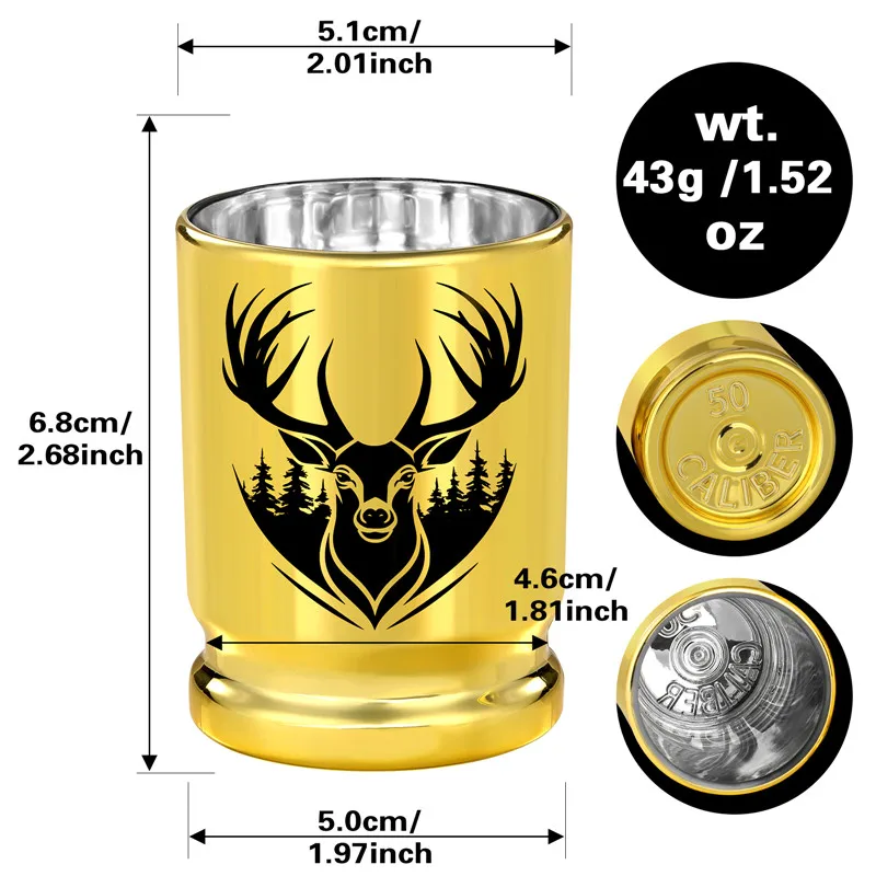 Deer Head Golden Plastic Shot Glasses Bulk Set of 2 with Gift Box for Wedding Party 50 Caliber Bullet Shot Cups for Whiskey