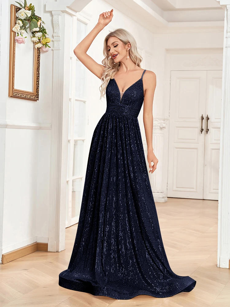 XUIBOL Elegant Deep V-Neck Sequins Formal Evening Dress 2024 Women Sexy Backless Aline Long Dress Wedding Party Prom vestido