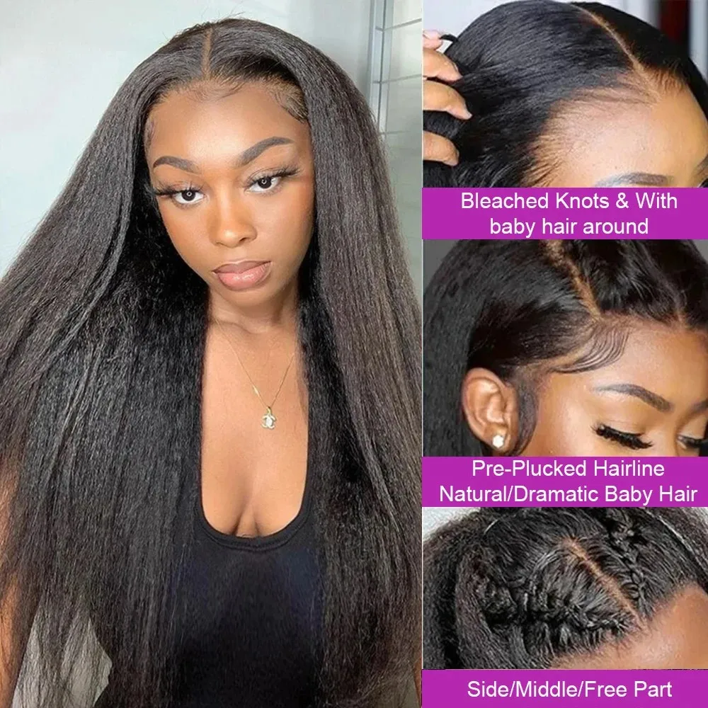 40 42 Inch Kinky Straight Lace Front Wig Pre Plucked Yaki Straigh HD 13X4 Lace Frontal Wig 100% 4C Edges Curly Human Hair Wigs image 2