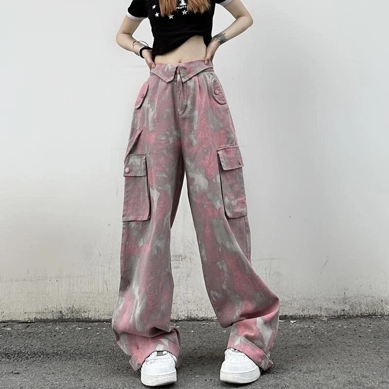 

American Style High Street Pink Grey Camouflage Caught Pants Turn-Over Loose Straight Leg Pants Multi-Pocket Fashionable Women's