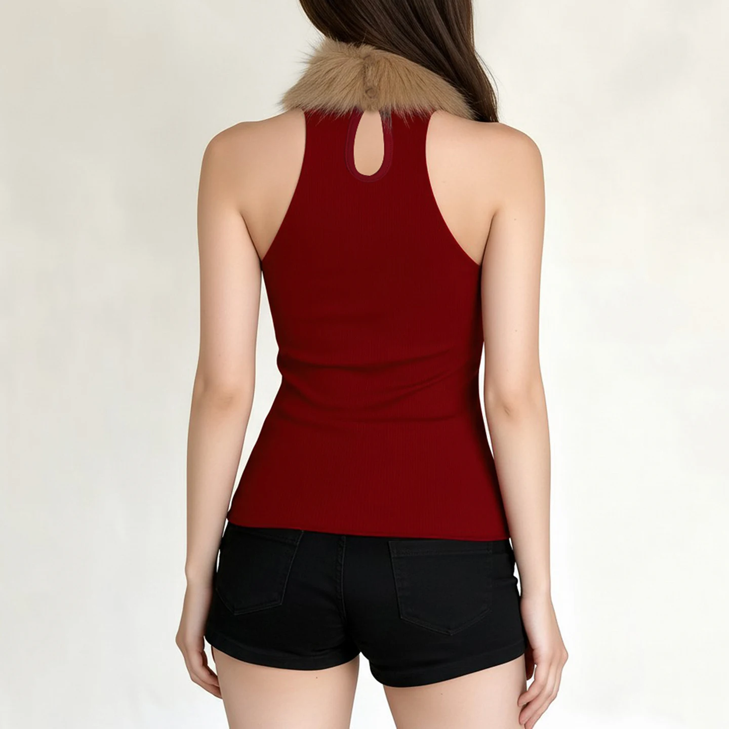 Vintage Patchwork Pelz Trim Kragen Tank Tops Weihnachten Aushöhlen Ärmellose Tanks Frauen 2025, Sommer Mode Streetwear Party