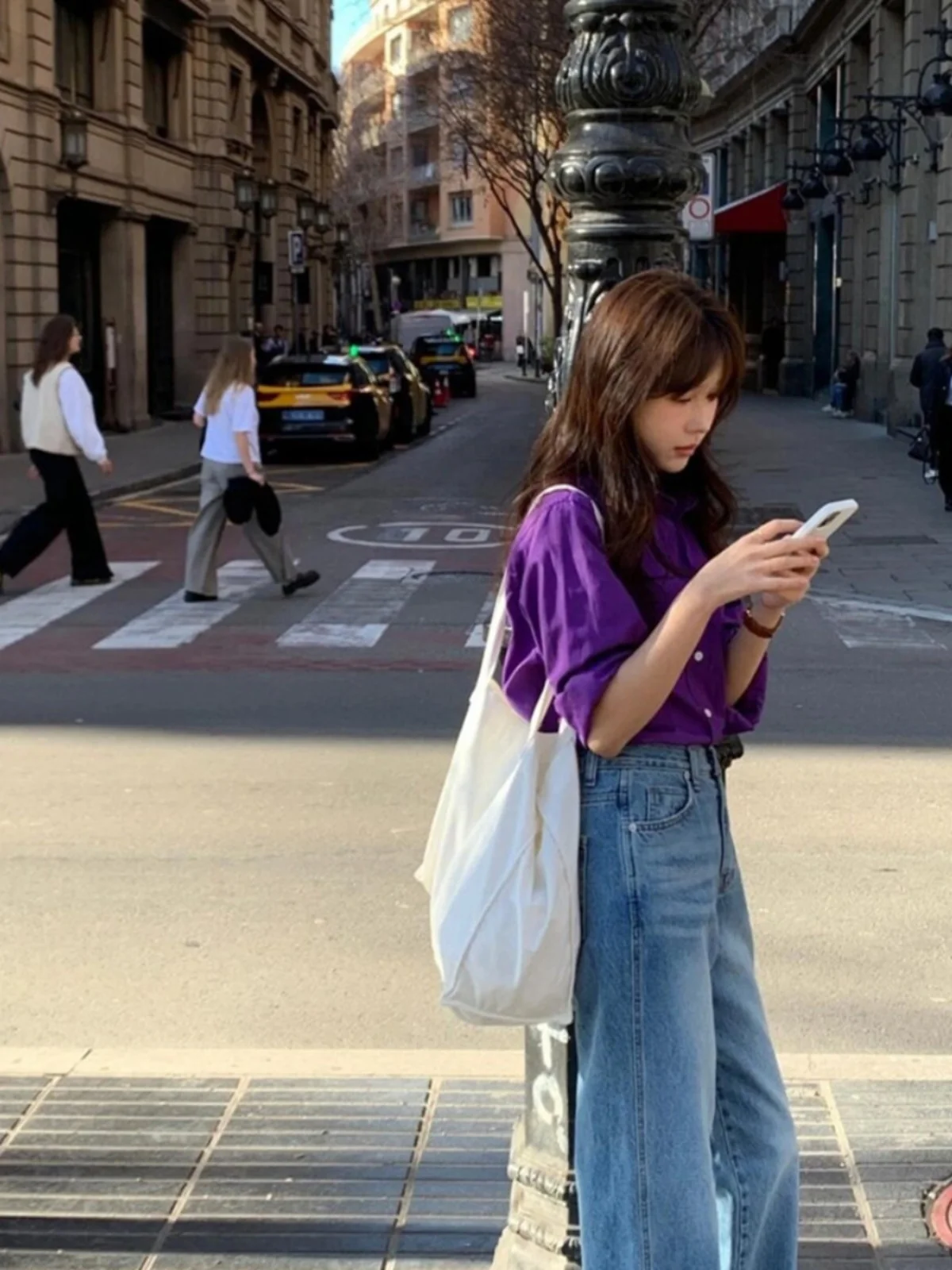 Retro giapponese Sle sciolto cotone da donna irt colore viola alto effetto sbiancante versatile casual lungo Sve Ne Top