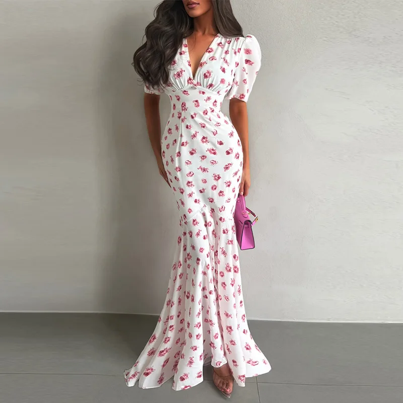 Elegant Women's Floral Printed Dress Slim V Neck Short Sleeve Waist Cinching Long Fishtail Dresses 2026 Summer Lady Party Robes