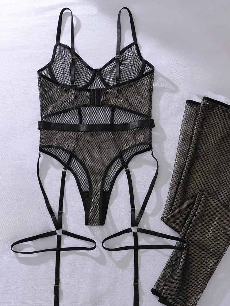 بذلة شبكية صيد السمك الفاخرة المصنوعة من الذهب الأسود، جوارب شبكية مثيرة رفيعة تتضمن ملابس ضيقة #6