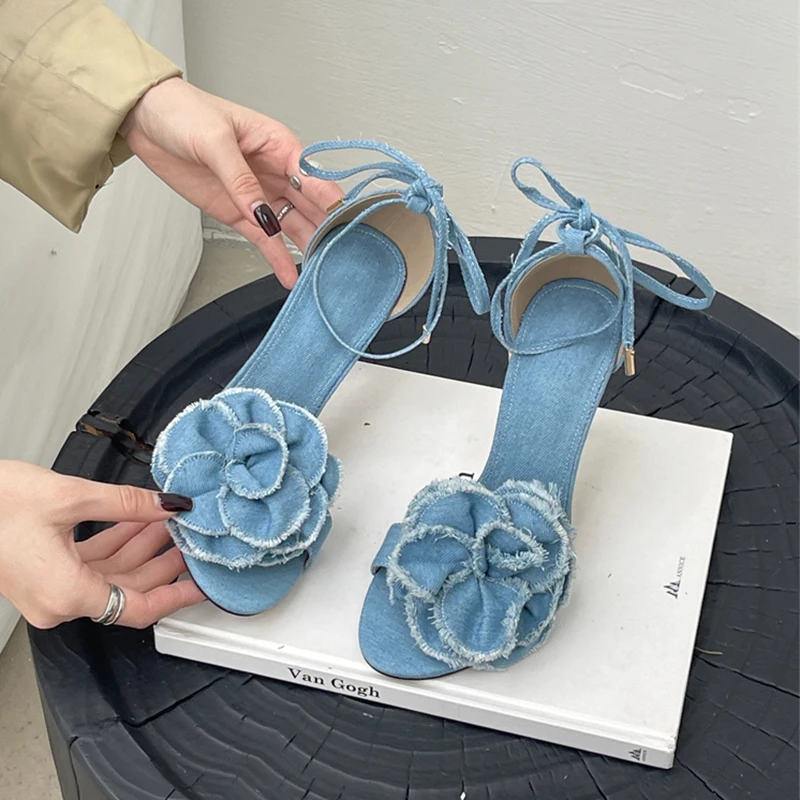 New Fashion Show Blue Denim Fabric Cross Strap Sexy High Heels Sandals Woman Shoes Pumps Lace-up Peep Toe Sandals Casual Sandals