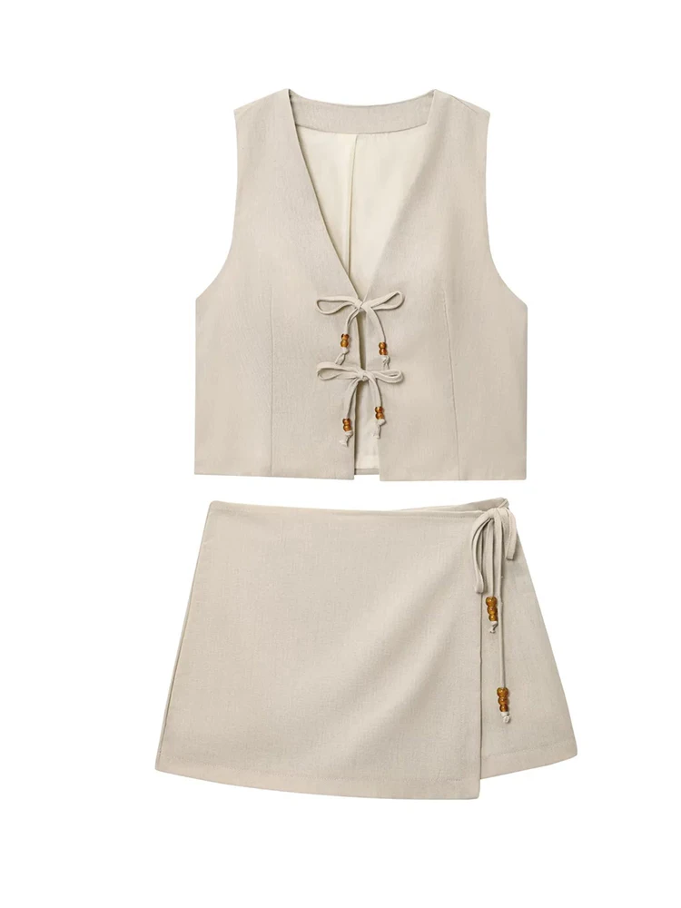 

Летние топы без рукавов на шнуровке с v-образным вырезом и бандажная юбка, стильные шорты, одинаковый комплект, комплекты из 2 предметов