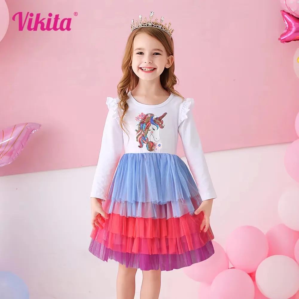 

VIKITA Girls Colorful Spring Autumn Tutu Dress Licorne Sequined Appliqued Birthday Party Princess Tulle Mesh Dresses Prom Gown