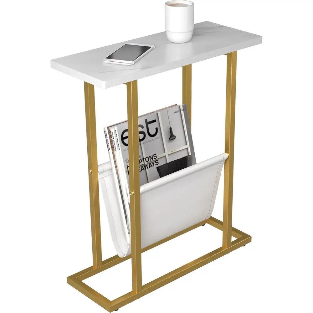 

Space-Saving 17.7 Wide Slim End Table with Storage, Gold White Accent for Couch, Bed Side