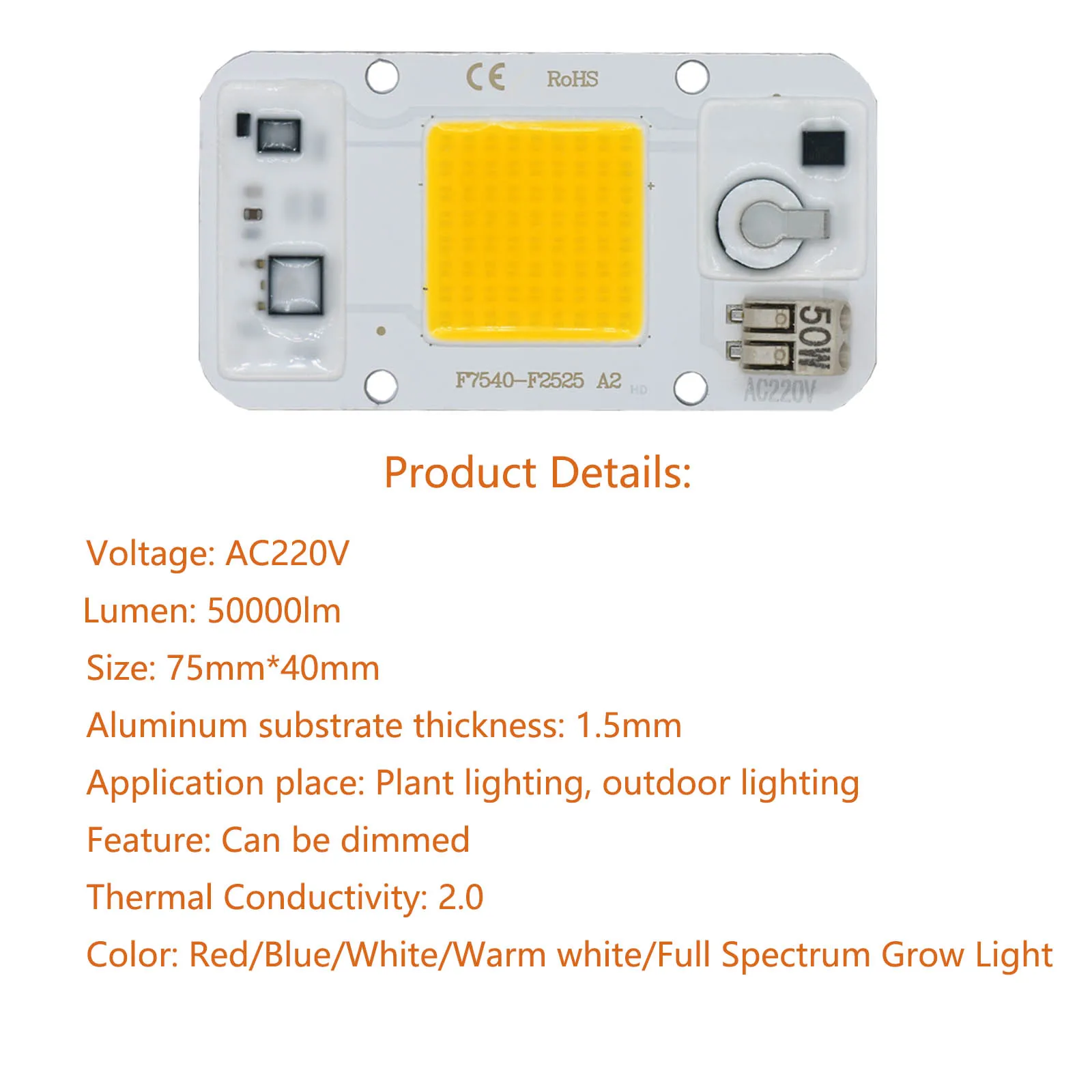 Éclairage LED de croissance pour plantes, 50W, ac 220v, intensité variable, sans soudure, éclairage d'extérieur pour culture de semis et floraison