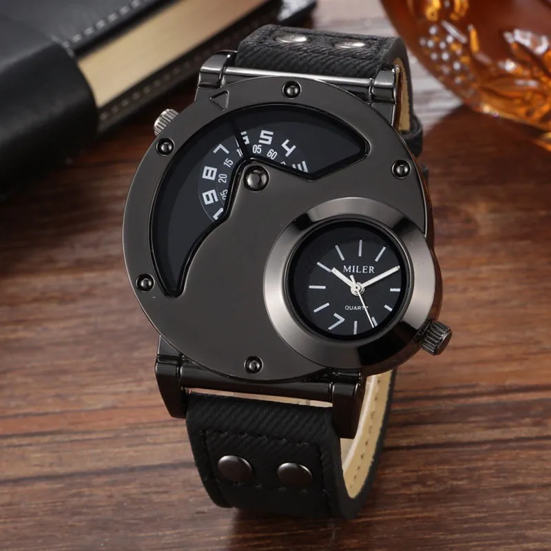 Quartz Wrist Watch with Dual Dial Cool Design Leather Band Dual Time Watches PU Leather Strap