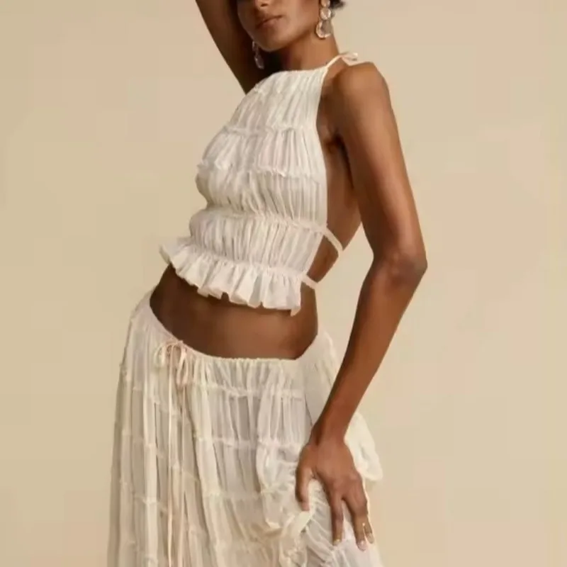 Conjuntos de dos piezas para mujer, conjuntos de falda, top sin mangas, espalda descubierta, con cordones, color sólido, faldas largas sexys, traje, ropa elegante