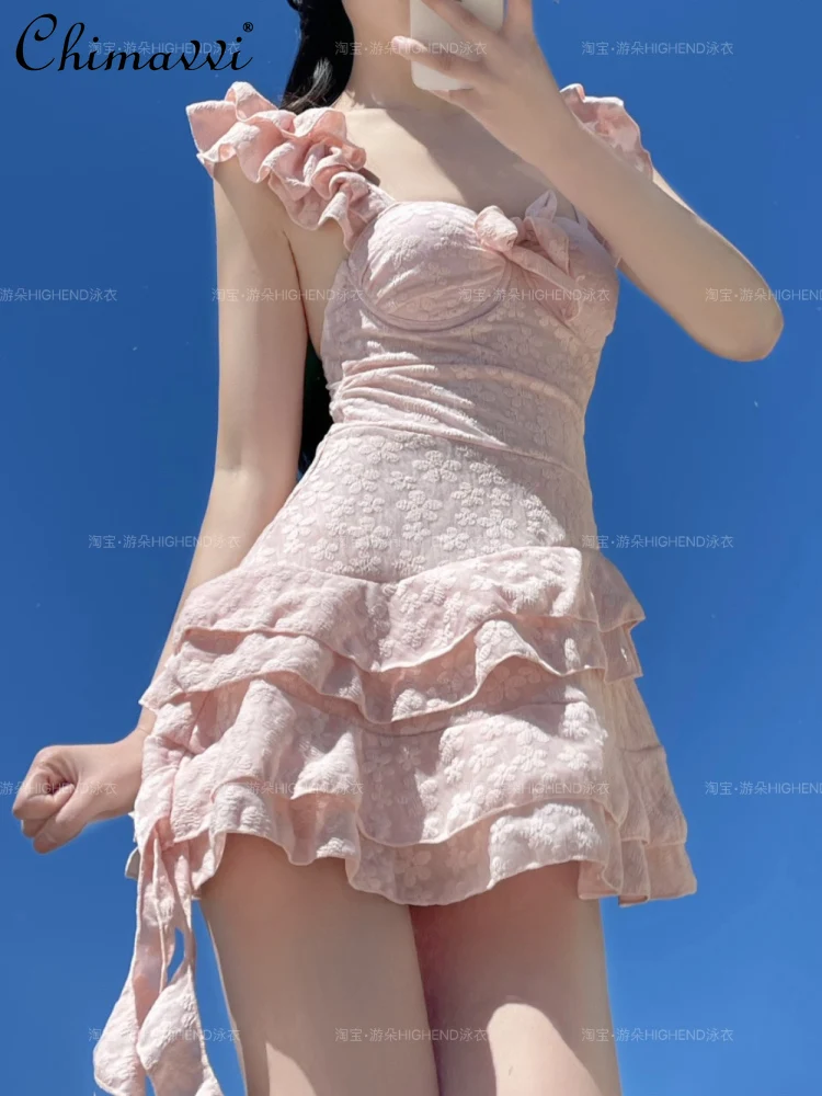 Sweet Princess Dress One-piece Swimsuit Female Cute Pink Girl Slim Flying Sleeve Hot Spring Swimwear Summer Fashion Beach Wear