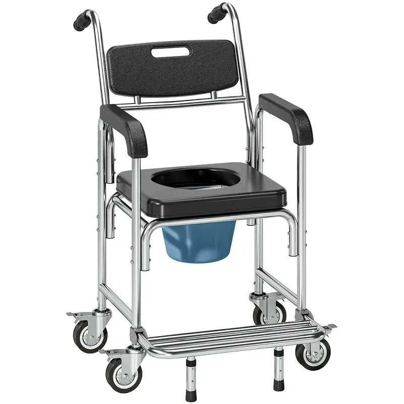 

3-in-1 Shower Commode Wheelchair, Accessible Transport Commode Medical Rolling Chair, Black