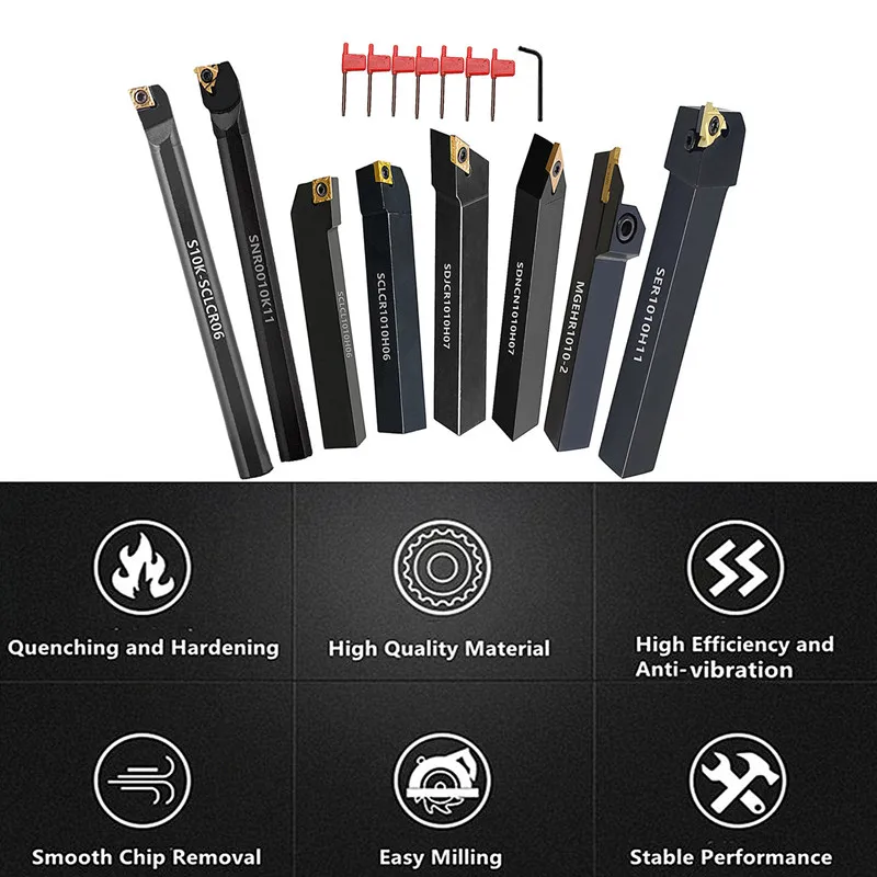 8Sets of 10MM CNC Lathe Turning Tool Holder Boring Bar with Applicable Inserts and Wrenches Set for Turning Threading