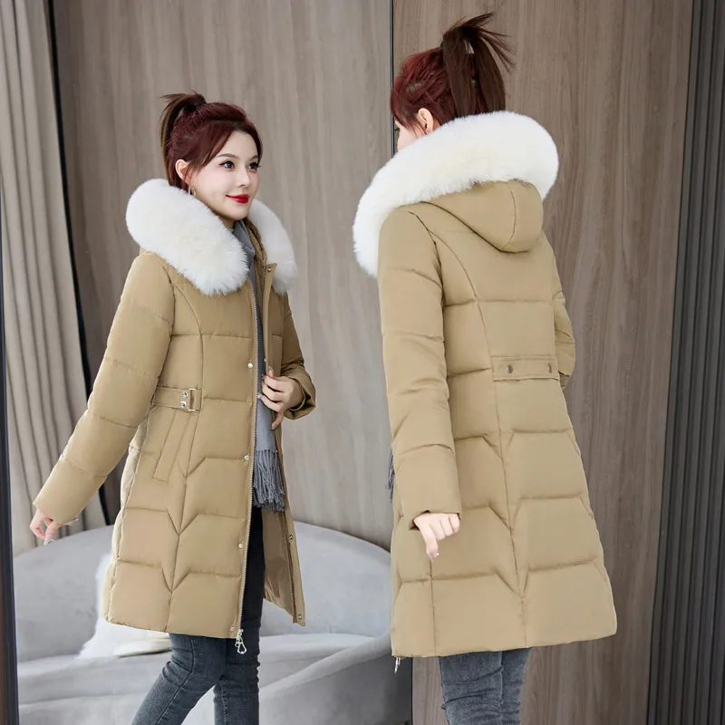 Winter 2024 New Women's Cotton Coat Large Collar Long Length Slim Fit Korean Style Down Cotton Padded Jacket Smooth Sihouette