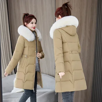 Inverno 2024 nuove donne cappotto di cotone collo grande lunghezza lunga Slim Fit stile coreano piumino imbottito in cotone liscio Sihouette