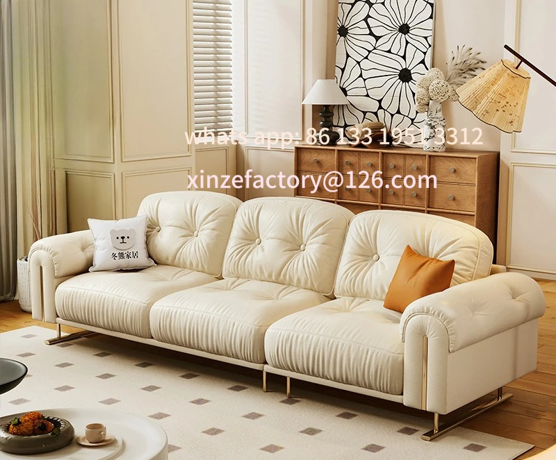 تخصيص 2025 سحابة جديدة الإبحار أسفل ضوء غرفة المعيشة الفاخرة شقة صغيرة الفرنسية كريم الرياح صف مستقيم أريكة جلدية #1