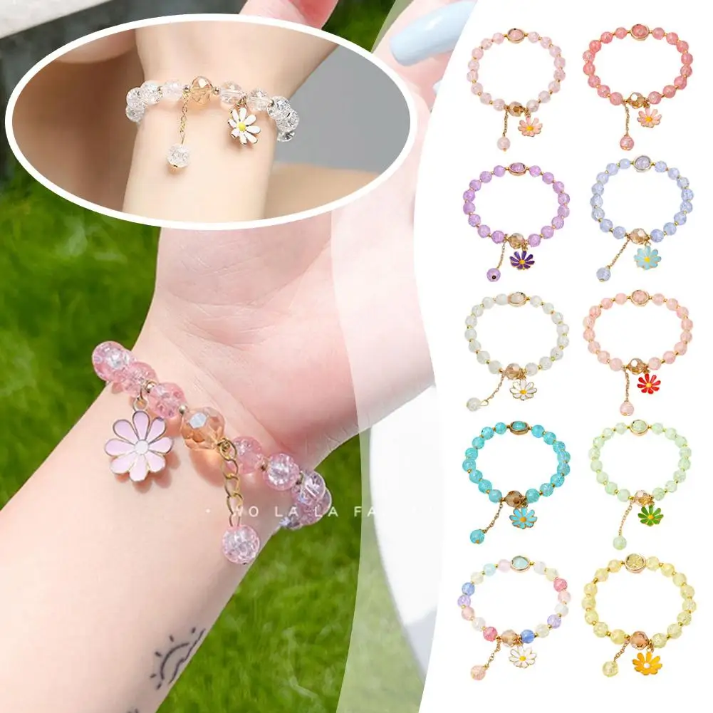 Koreanisches Gänseblümchen-Armband, bunte Kristallglasperlen, elastisches Seil, Armbänder, böhmische Mode, handgefertigter Schmuck, Geschenke 팔찌
