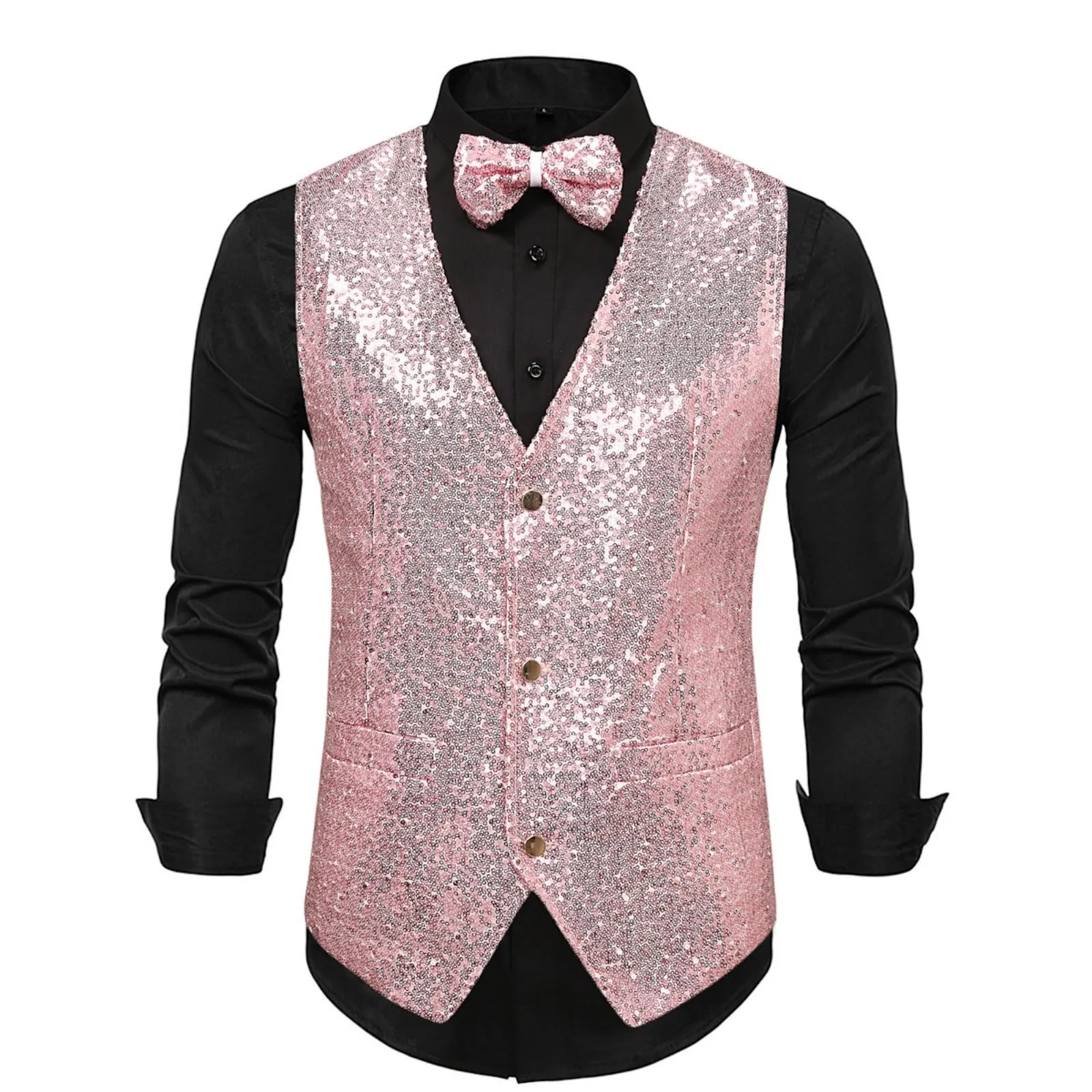 

Shiny Solid Sequin Vests Men Slim Fit V Neck Glitter Tuxedo Waistcoat 2024 Mens Trendy Wedding Party Stage Prom Vest With Bowtie