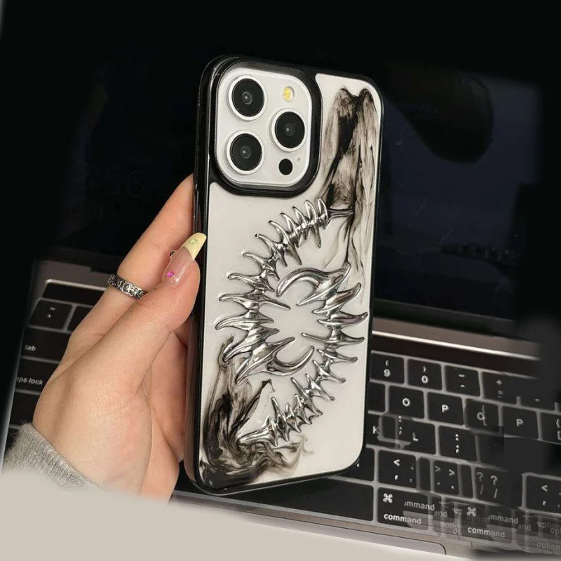 Trendy Cool 3D Metal Fishbone Clear Epoxy Phone Case For iPhone 16 15 14 13 12 11 Pro Max Plus Shockproof Soft Back Cover Funda