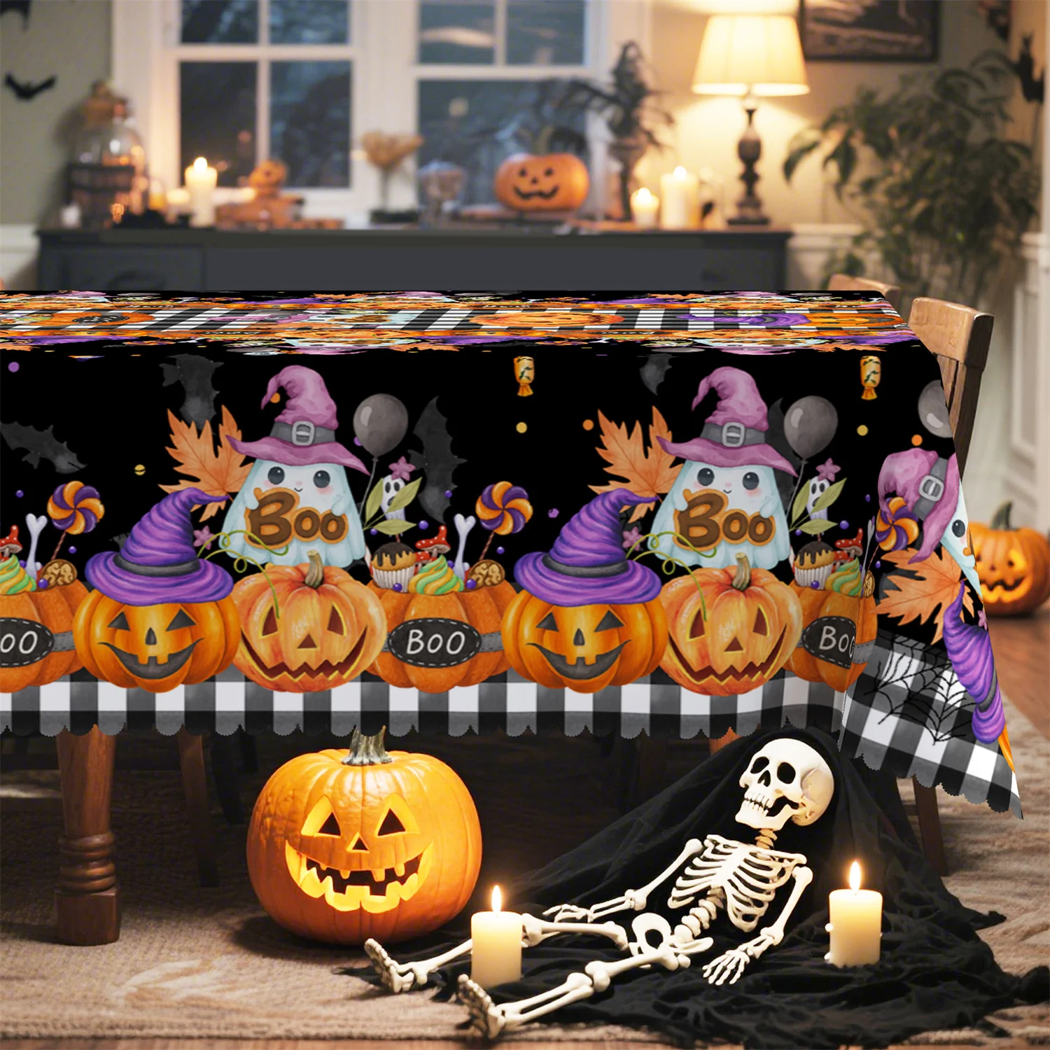 Buffalo Gourd Pumpkin Lantern, Ghost Witch Hat, Halloween Tablecloth, 1 pack, suitable for restaurantszyc