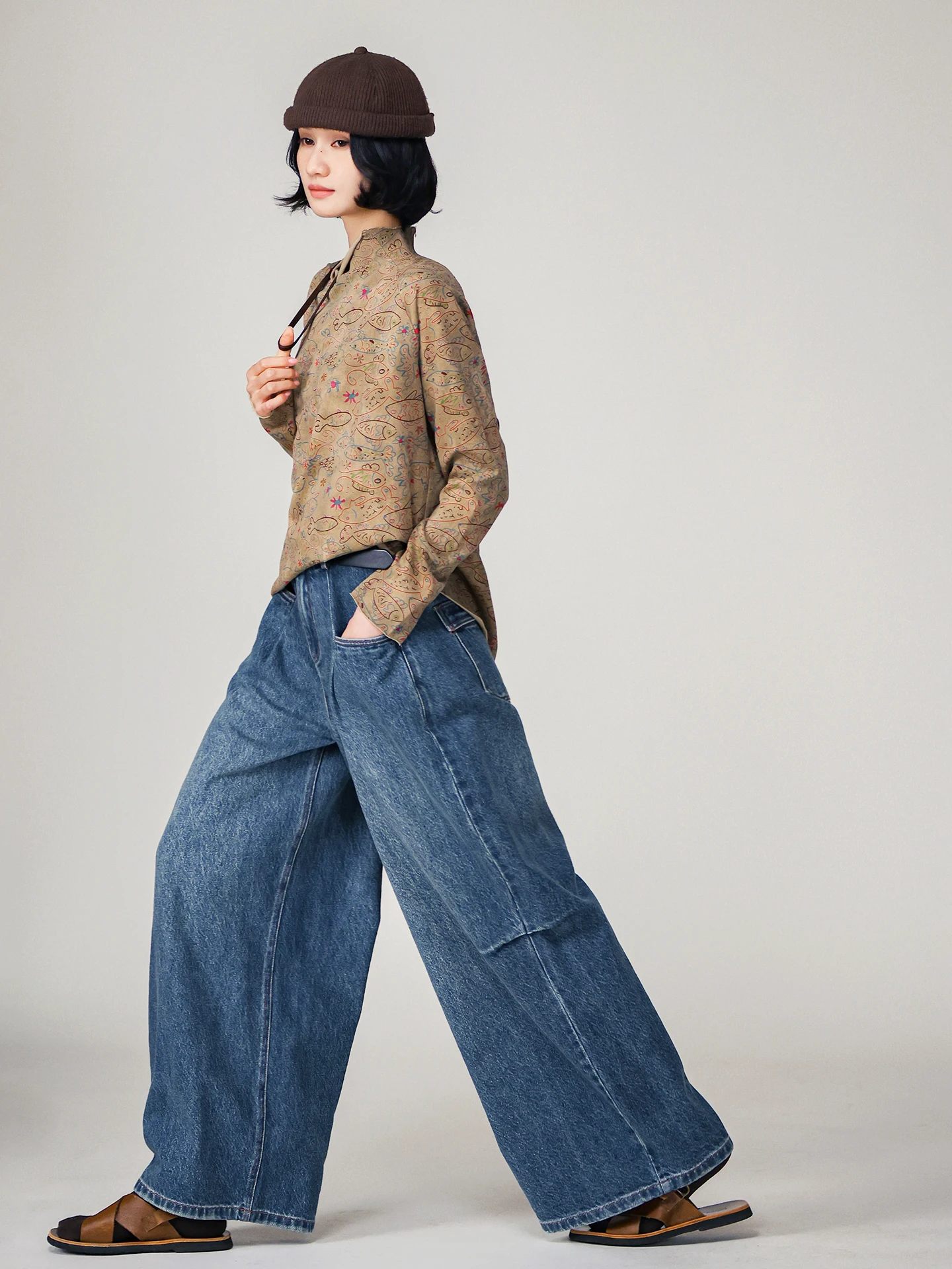 

Loose Fit Straight Leg Jeans Vintage Waed Women's Cotton Pants Spring Season Slimming Pleated Wide Leg Trousers