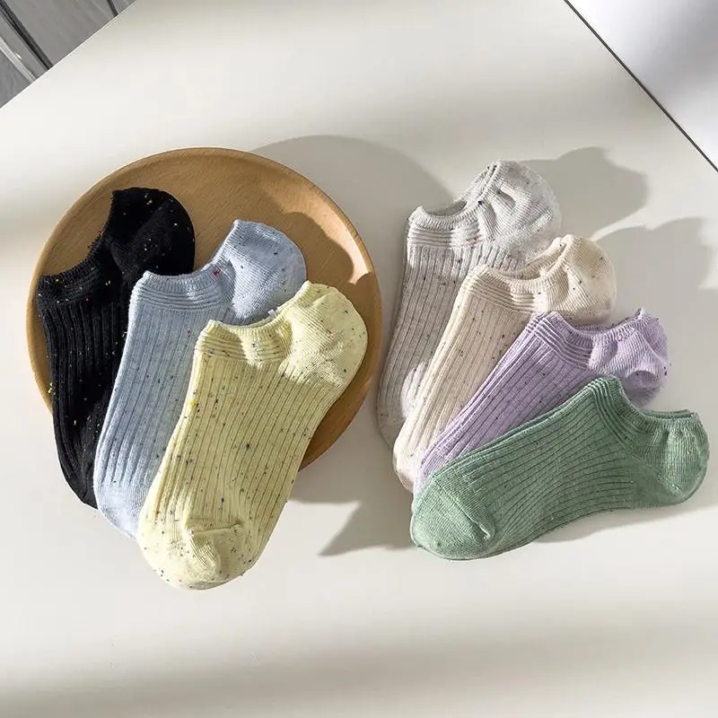 

5-Pair PackWomen's Socks ,Thin Solid-Color, Low-Cut Slub Yarn, Sweet, Anti-Slip, Invisible, Double-Stitched Cotton